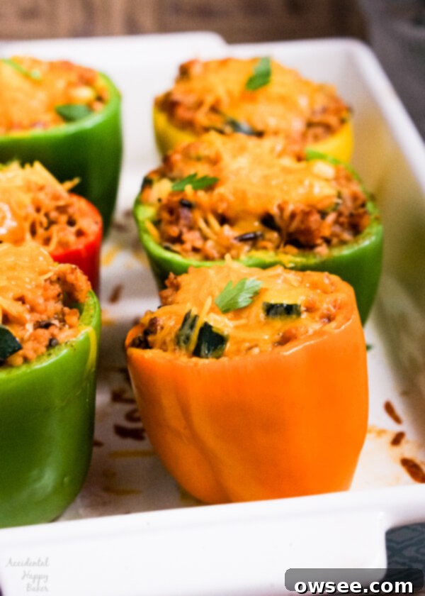 Baked wild rice stuffed bell peppers, topped with melted cheddar cheese, ready to be served.