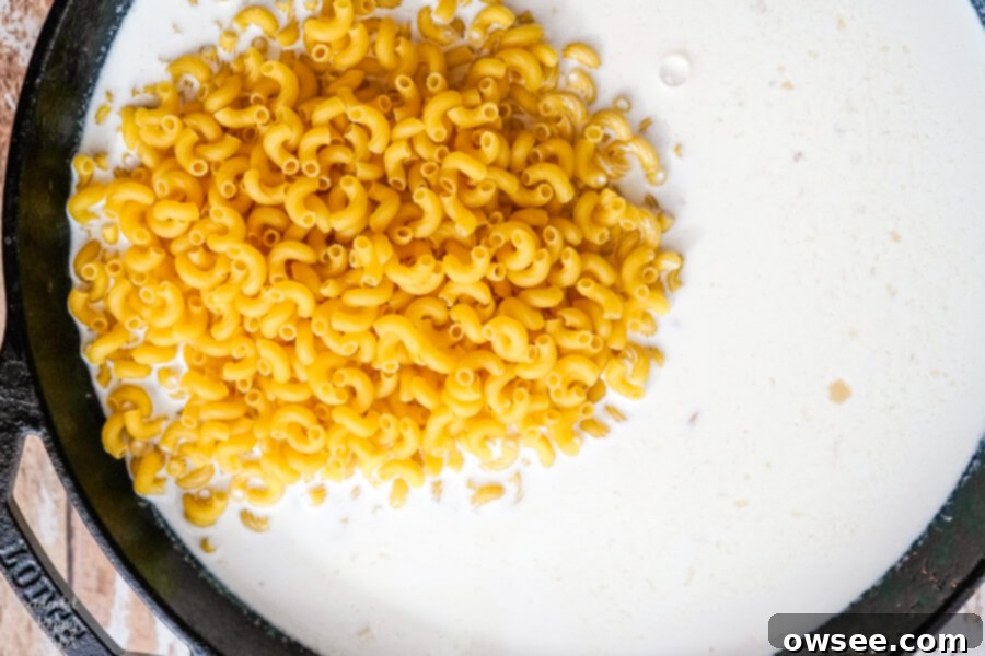 The elbow macaroni is added to the simmering liquid mixture in the cast iron skillet, ready to cook al dente.