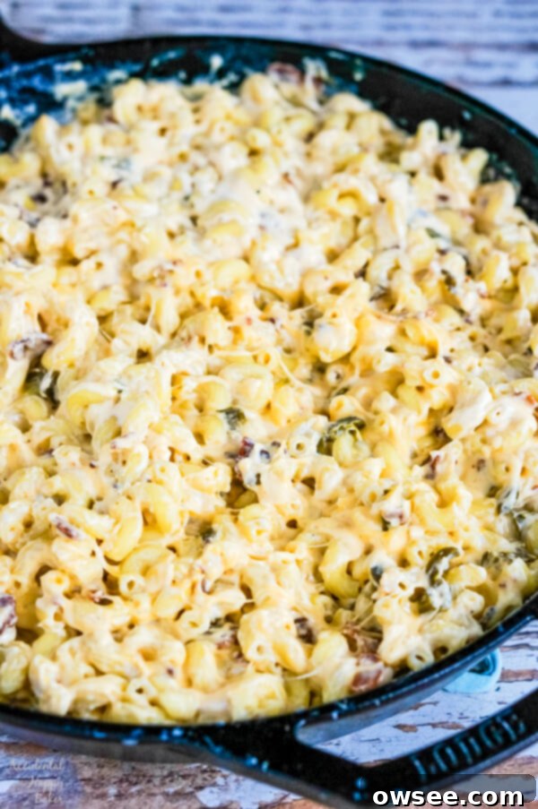 The rich, creamy cheese sauce, with bacon and jalapenos, is fully melted and smoothly combined with the macaroni in the skillet.