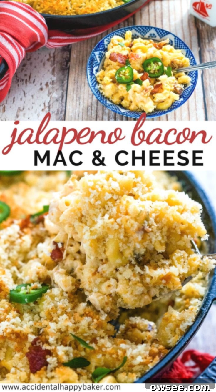 Jalapeno Bacon Mac and Cheese is creamy and cheesy, with spicy jalapenos and crispy bacon! A one pot dish that starts on the stove and finishes in the oven, perfect for saving to Pinterest.