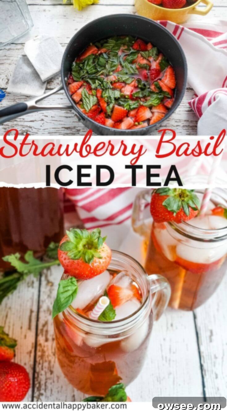 Pin graphic for Strawberry Basil Iced Tea showing a glass and ingredients.