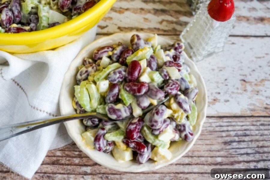 A charming small white bowl filled with perfectly mixed Old-Fashioned Kidney Bean Salad, ready to serve, placed next to a classic salt and pepper shaker on a rustic wooden surface.