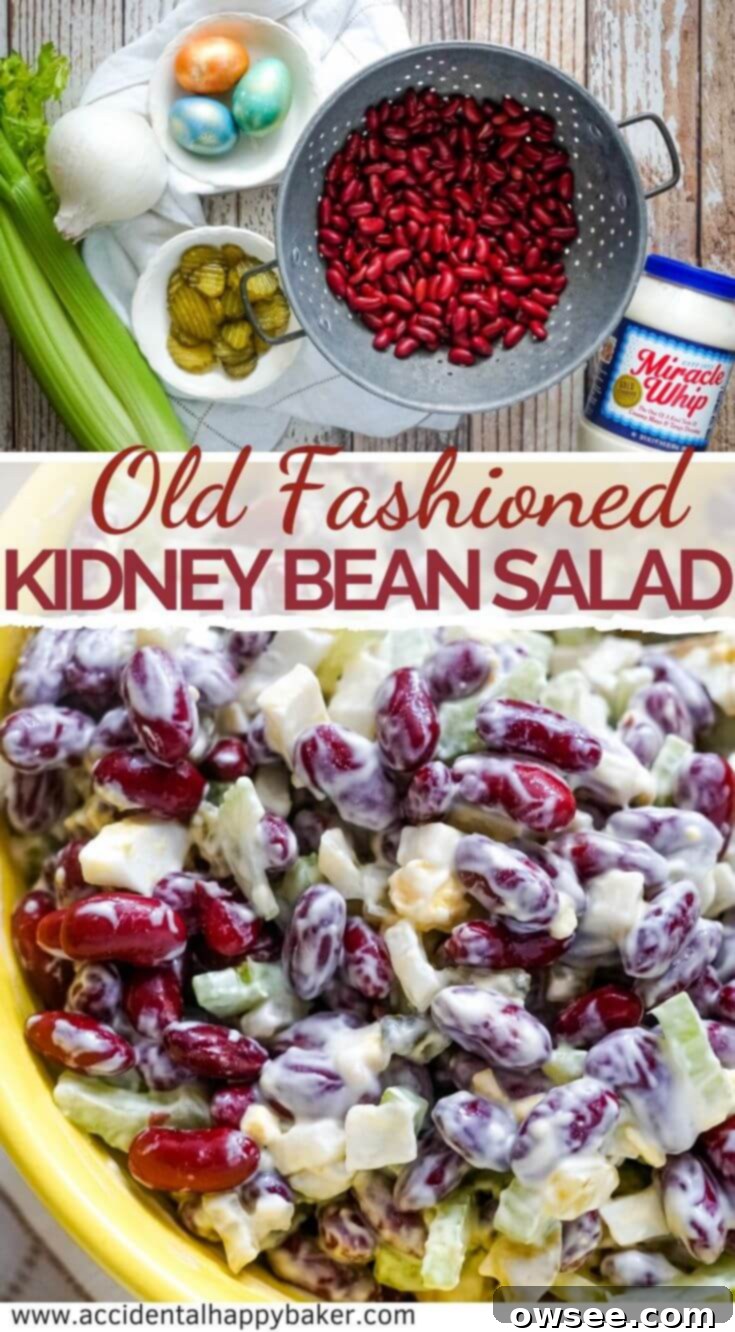 A vibrant and fresh Old-Fashioned Kidney Bean Salad presented in a charming bowl, accompanied by an overlay of text that reads: Colorful, crunchy and fresh, this deliciously easy Old Fashioned Kidney Bean Salad makes a perfect cold side dish and takes just a few minutes to make. It features hashtags like #beansalad #kidneybeansalad #accidentalhappybaker.