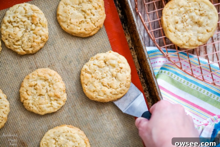 A close-up shot capturing a freshly baked batch of Lemon Cowboy Cookies, golden-brown and perfectly cooled, resting on a sheet pan, with a spatula gently lifting one cookie, ready for a taste.