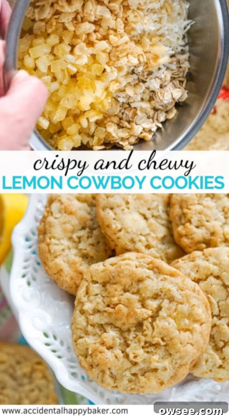 A vibrant close-up of a stack of golden-brown Lemon Cowboy Cookies, beautifully showcasing their rich texture and the delightful, visible bits of candied lemon peel and wholesome oats, with a 'Pin it for later' call to action for easy sharing.