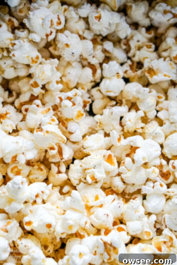 A close-up view of freshly popped, perfectly textured and seasoned popcorn, highlighting its fluffy appearance and golden hue.