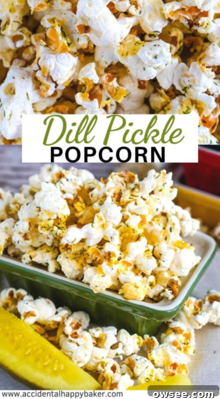 A Pinterest-friendly vertical image of a large bowl of homemade dill pickle popcorn, artfully garnished with fresh dill, ready to be saved and shared for future snack inspiration.
