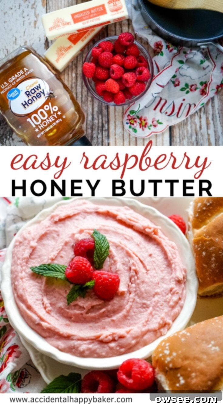 Large Pinterest-style graphic featuring homemade raspberry honey butter in a bowl with a knife, with text overlay: 'Only 3 ingredients and a few minutes to make this deliciously creamy and sweet homemade raspberry honey butter. Perfect for breakfast or dessert!'