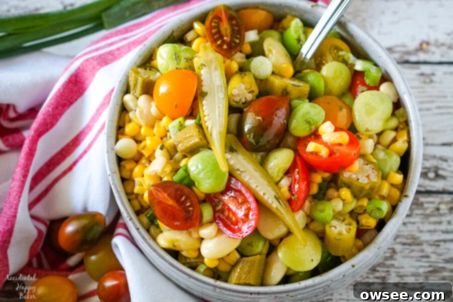Vibrant Succotash Medley 6 A bowl of Succotash Salad accented with slices of pickled okra.