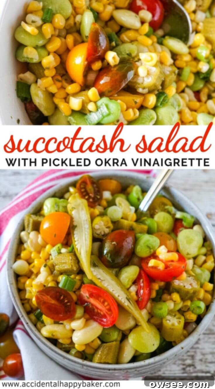 Vibrant Succotash Medley 8 Succotash Salad is a fresh twist on the classic succotash that’s perfect for summer backyard BBQ’s. This salad is full of veggies like corn and lima beans and tossed with a zippy pickled okra vinaigrette.