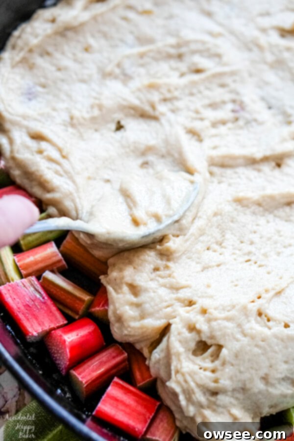 Spiced Rhubarb & Ginger Flip Cake 7 The smooth cake batter being spread meticulously over the layer of rhubarb in the skillet.