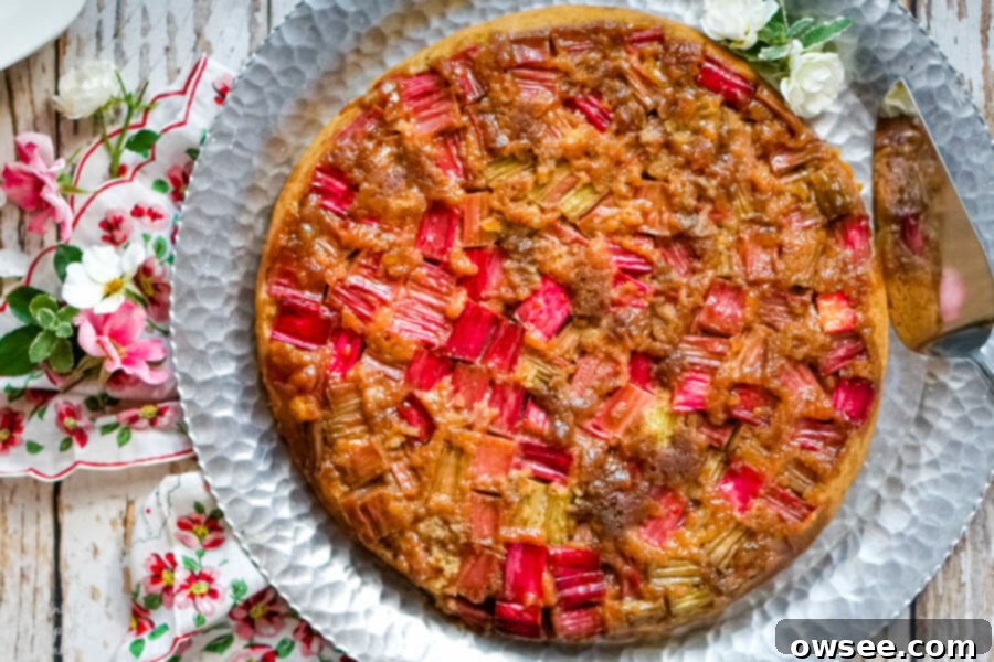 Spiced Rhubarb & Ginger Flip Cake 8 A stunning Rhubarb Ginger Upside Down Cake proudly displayed on a silver serving platter.