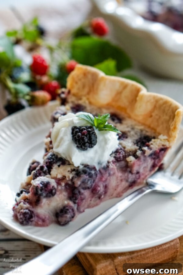 A slice of blackberries and cream pie on a white plate garnished with whipped cream, mint and fresh blackberries. 
