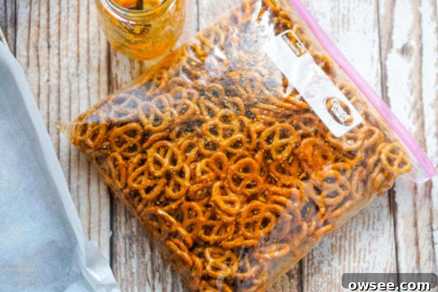 A ziploc bag of pretzels with the spicy sriracha ranch seasoning. 