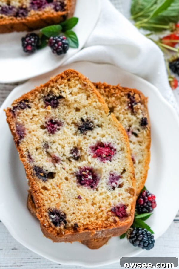 Two generous slices of warm blackberry quick bread, speckled with berries, served on a white plate with a side of fresh blackberries.
