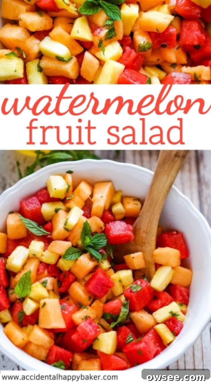 A vibrant social media image for Watermelon Fruit Salad, featuring a blend of watermelon, cantaloupe, pineapple, and fresh mint. It highlights the salad as fresh, guilt-free, and perfect for summer BBQs, parties, and potlucks.