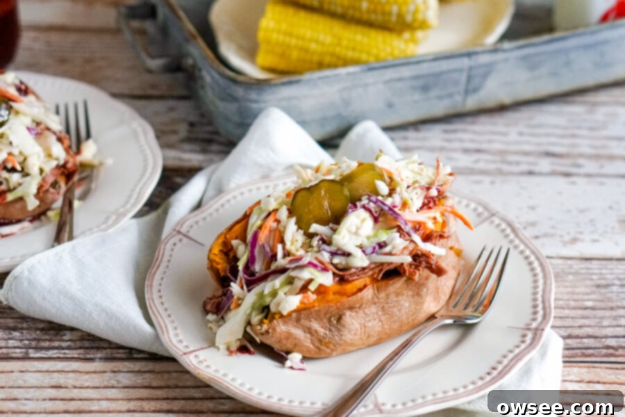 Artisan Blackberry Barbecue Sauce 3 A baked sweet potato loaded with coleslaw and bbq chicken, generously coated in the blackberry bbq sauce.