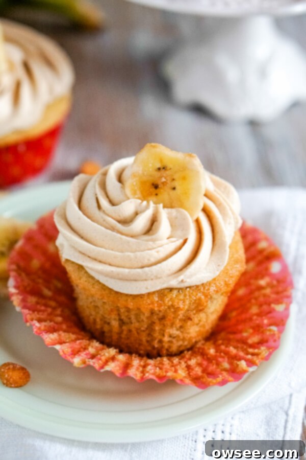 Banana Peanut Butter Bliss Cupcakes 7 A close up image of a banana cupcake with creamy peanut butter frosting accented with a banana chip on top.