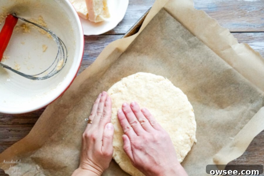 Savory White Cheddar Scones 7 The scone dough is shaped into a round.