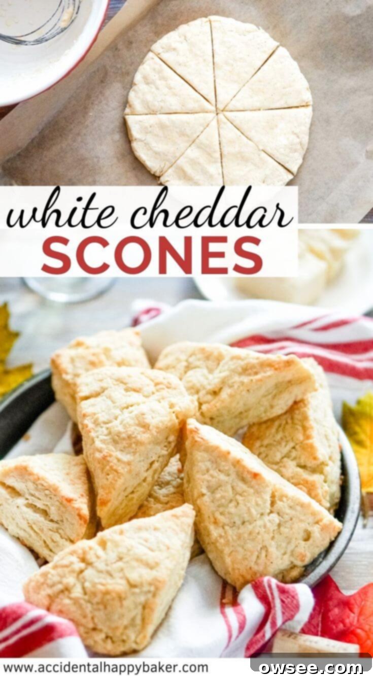 Savory White Cheddar Scones 10 White cheddar scones are absolutely packed with sharp cheddar flavor! Buttery and flaky, cheesy and crisp, with a hint of red pepper spice.