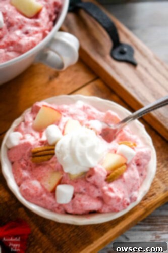 Creamy Cranberry Apple Dream 3 Close-up of Cranberry Apple Fluff Salad with visible apple chunks and pecans, garnished with a cranberry.