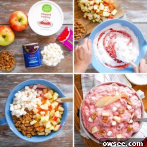 Creamy Cranberry Apple Dream 4 Overhead shot of a bowl of Cranberry Apple Fluff Salad, showing its fluffy texture and vibrant color.