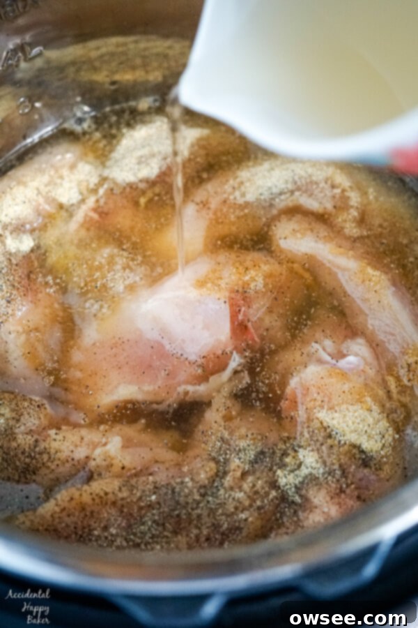 Chicken broth is poured over the seasoned chicken breasts.