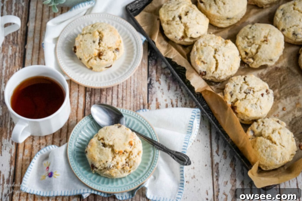 Two scones are served on plates next to a tray of date scones. 