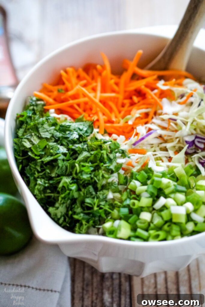 Crispy Wonton Chicken Taco Salad 4 A vibrant bowl filled with a mix of fresh coleslaw, bright shredded carrots, aromatic chopped cilantro, and thinly sliced green onions, all prepped for the salad.