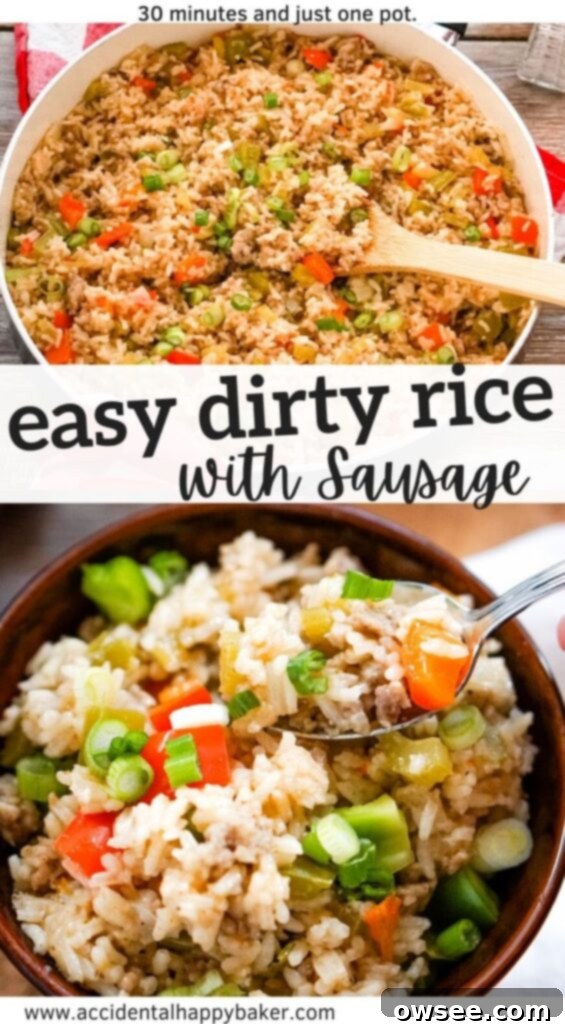 Savory Sausage Dirty Rice 9 This easy dirty rice with sausage recipe makes a quick and flavorful dish that is full of sausage, rice, and veggies cooking in Cajun spices! It’s easy on the budget, easy to customize with what you have on hand,and works well as a side dish or as a main dish your family will love.