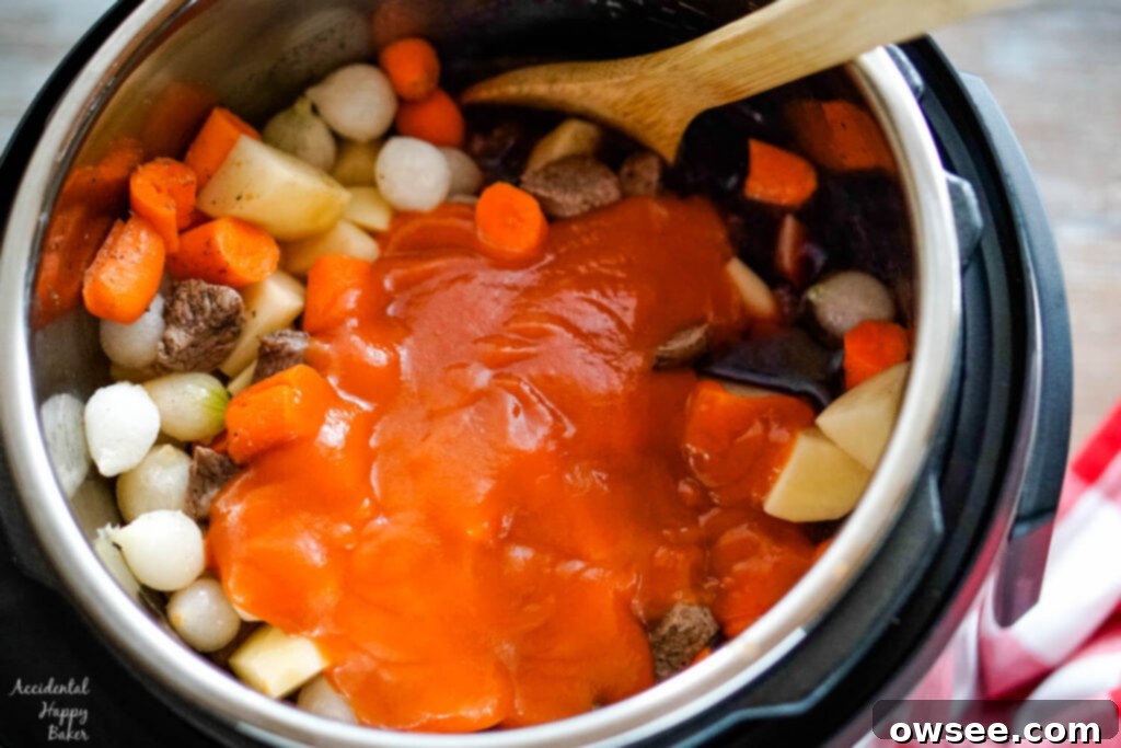 Effortless Instant Pot Beef Stew 5 The remaining ingredients are added.