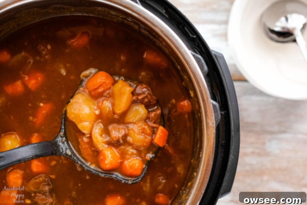 Effortless Instant Pot Beef Stew 6 After the instant pot beef stew has cooked, a cornstarch slurry is stirred in to help it thicken up.