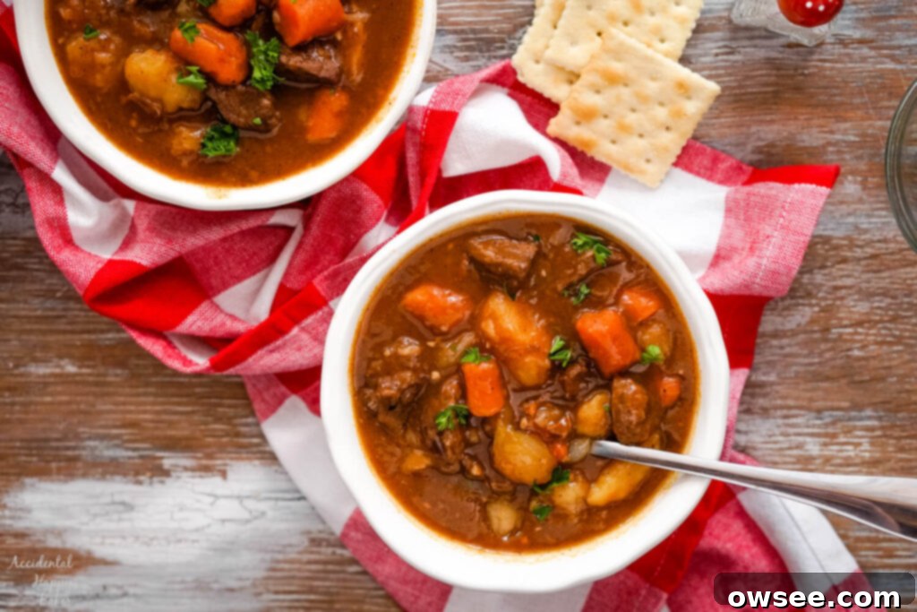Effortless Instant Pot Beef Stew 7 Two bowls of beef stew on a red checkered cloth with saltine crackers.