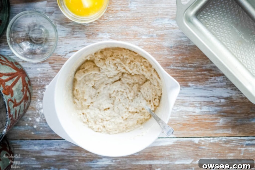 Golden Honey Beer Loaf 5 The beer bread batter is mixed just until all the flour is incorporated into the mixture.