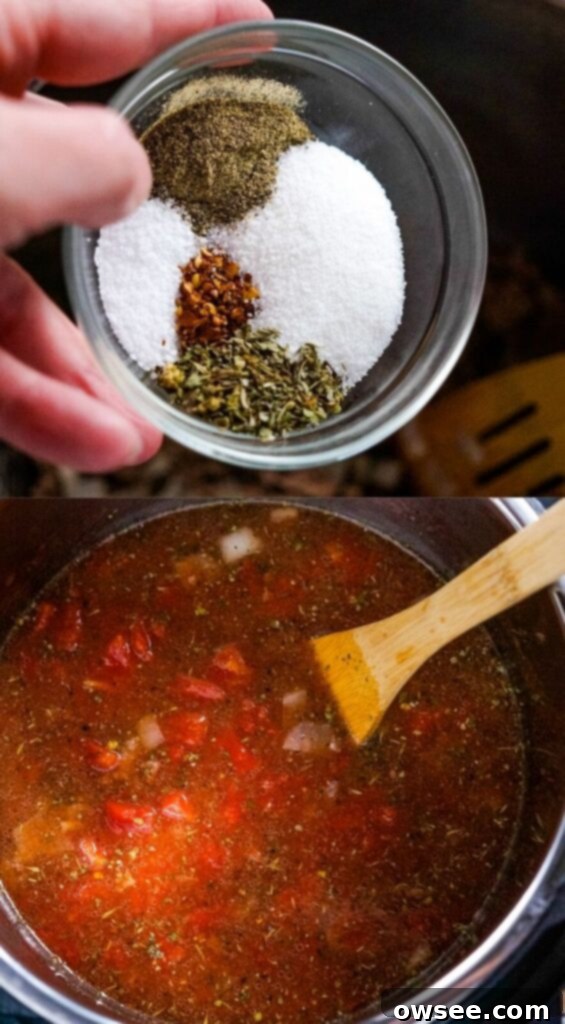 Instant Pot Cabbage Roll Soup with Stove Top Directions 5 Next, the seasonings, tomato paste, tomatoes and broth are added to the instant pot.