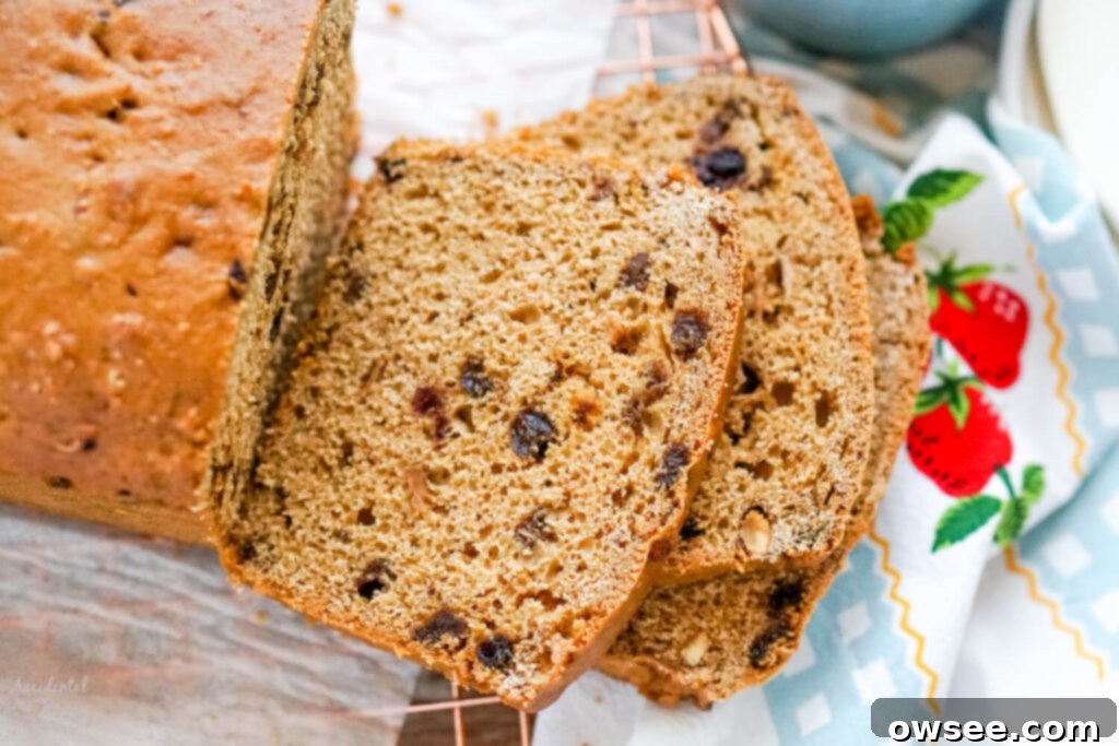 Bara Brith Traditional Welsh Tea Bread 4 A close up image that shows the texture of the bara brith slices.
