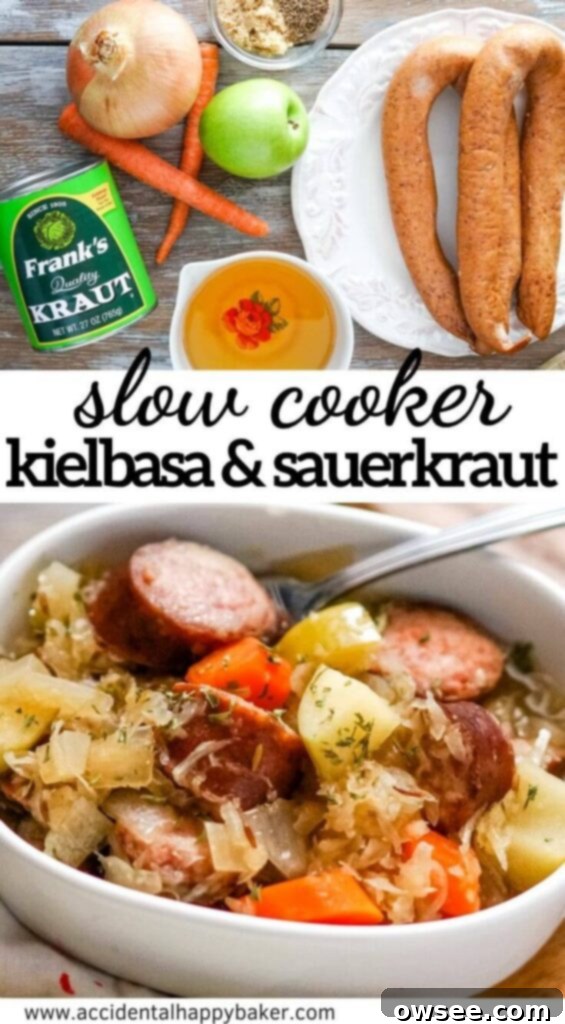 Hearty Slow Cooker Kielbasa and Sauerkraut Dinner 9 Kielbasa and sauerkraut are slow simmered with veggies, brown sugar, caraway and apple juice for a deliciously easy and comforting meal in the slow cooker.