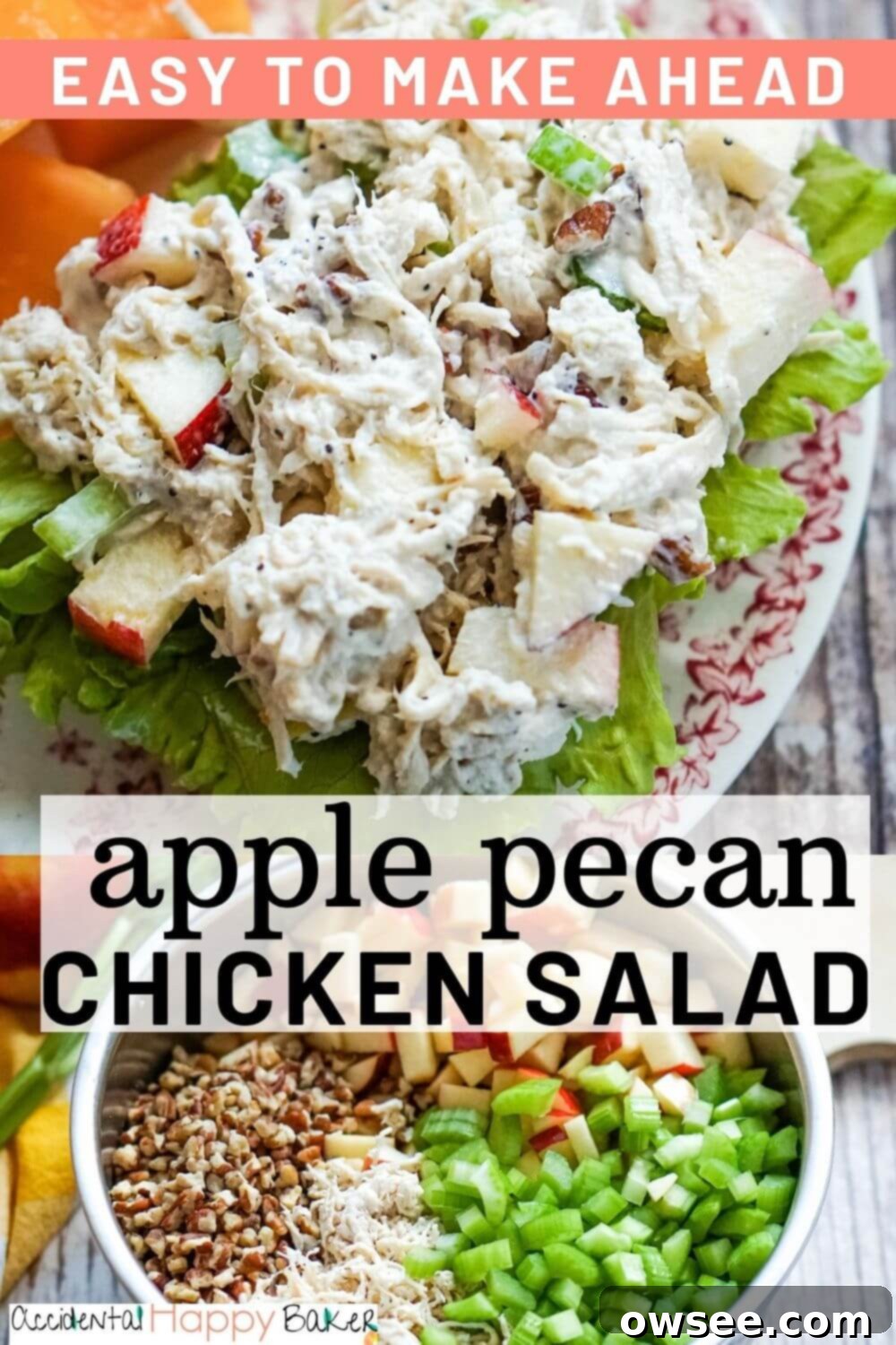 A beautiful Pinterest-friendly image of Apple Pecan Chicken Salad, served on a sandwich, highlighting its fresh ingredients and making it an easy make-ahead recipe perfect for parties and busy weeks.