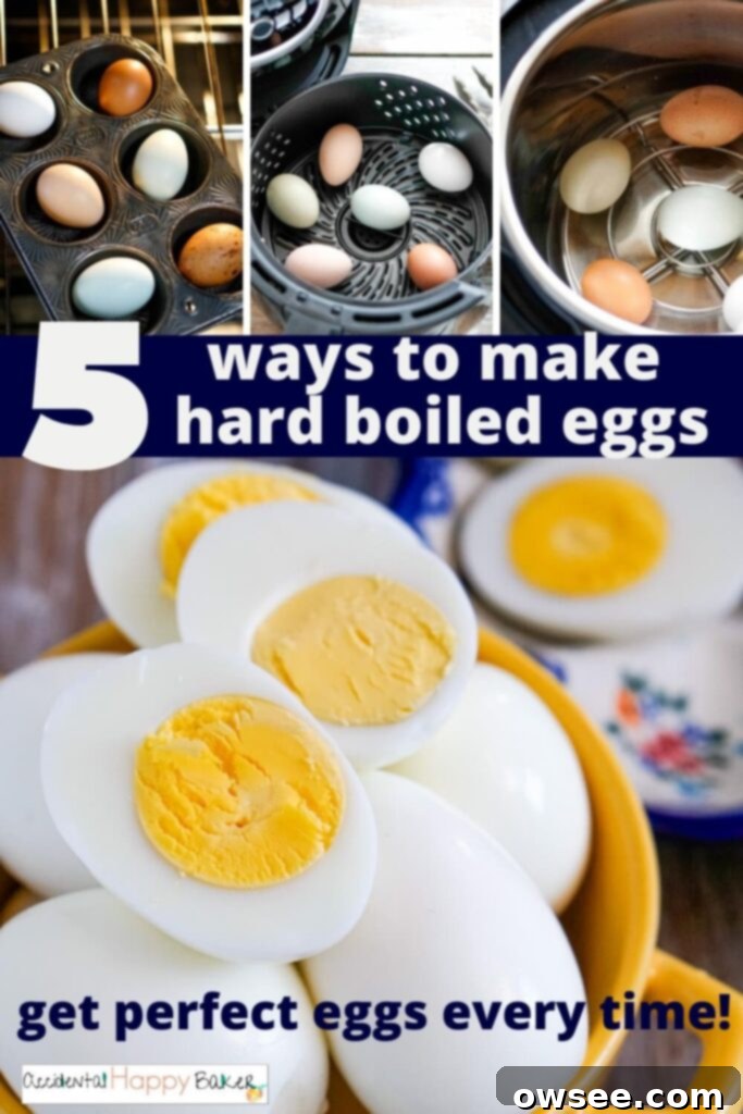 Achieve Perfect Hard Boiled Eggs Every Time 12 A Pinterest pin image titled '5 Ways to Cook Hard-Boiled Eggs' with various egg images.