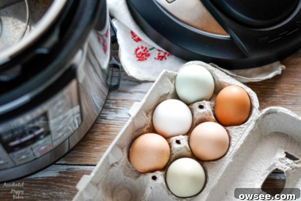 Achieve Perfect Hard Boiled Eggs Every Time 3 A carton of colorful farm eggs next to an instant pot.