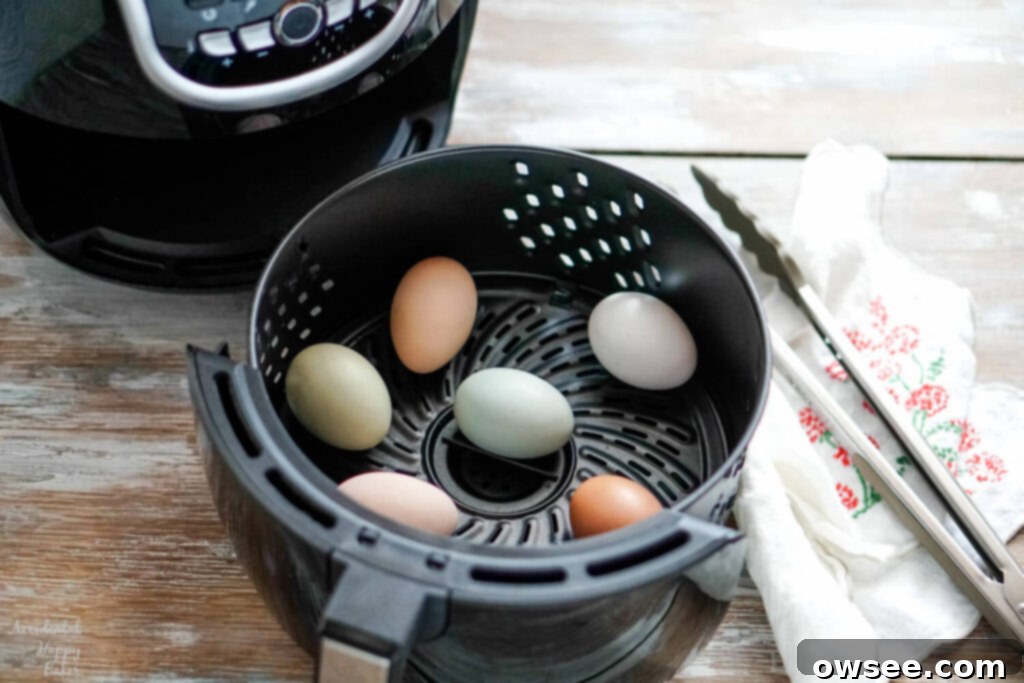 Achieve Perfect Hard Boiled Eggs Every Time 7 Several eggs in the basket of an air fryer.