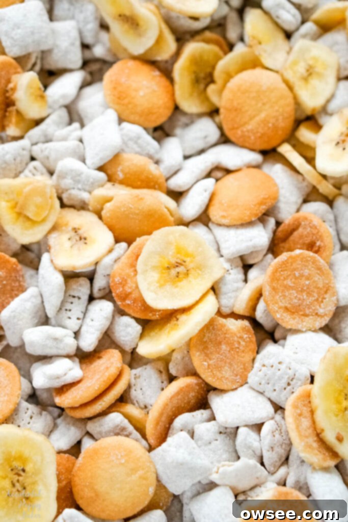 Ultimate Banana Cream Pie Muddy Buddies 3 Banana Cream Pie Muddy Buddies Mix, banana chips, mini vanilla wafer cookies and banana cream pie flavored cereal pieces.