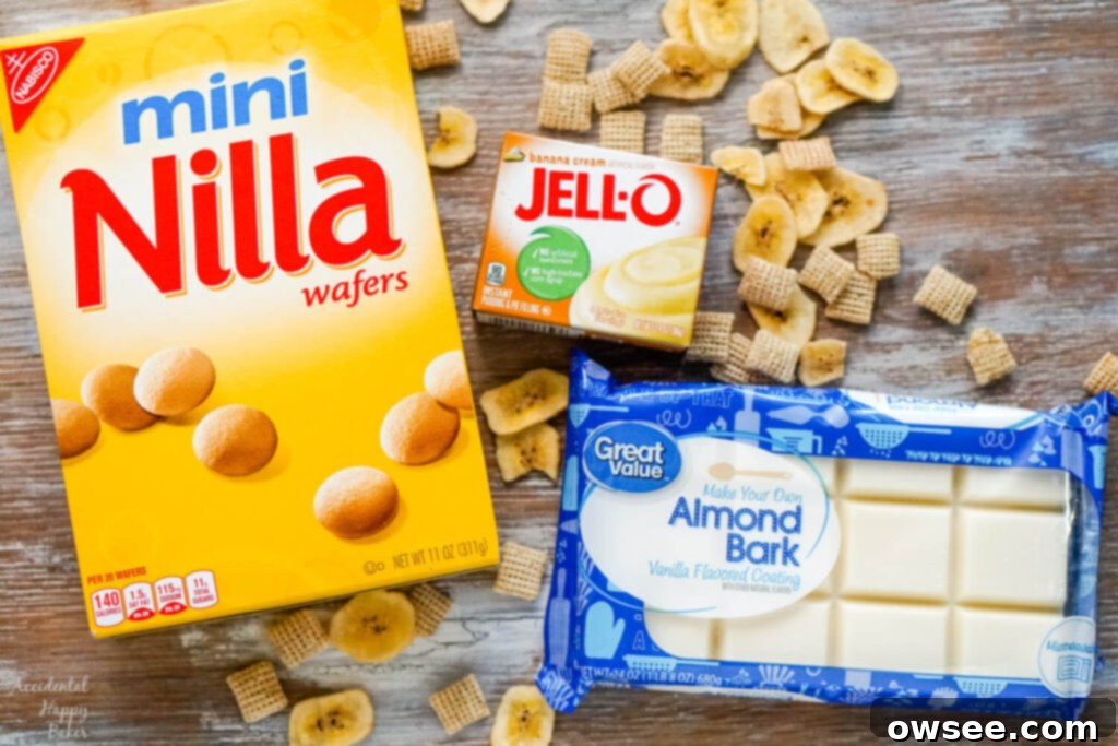 Ultimate Banana Cream Pie Muddy Buddies 4 The ingredients you'll need to make this are mini nilla wafer cookies, rice chex cereal, banana chips, almond bark candy, and instant banana pudding mix.