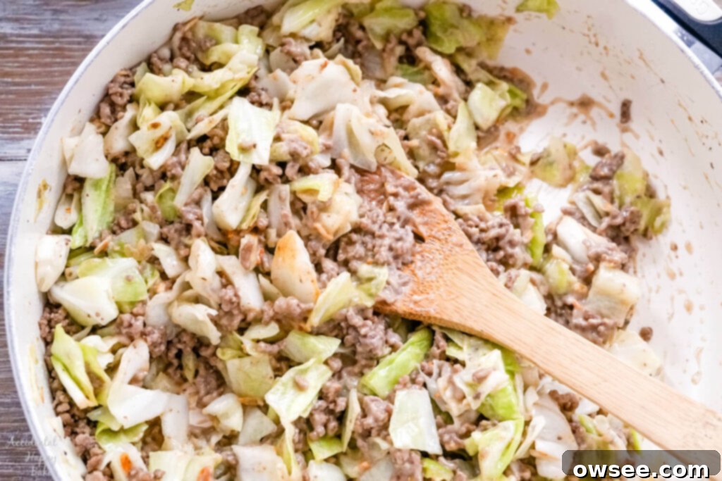 Hearty Runza Casserole 6 A skillet full of the ground beef and cabbage filling for the Runza casserole.