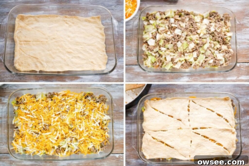 Hearty Runza Casserole 7 A collage image showing the steps to assemble the casserole.