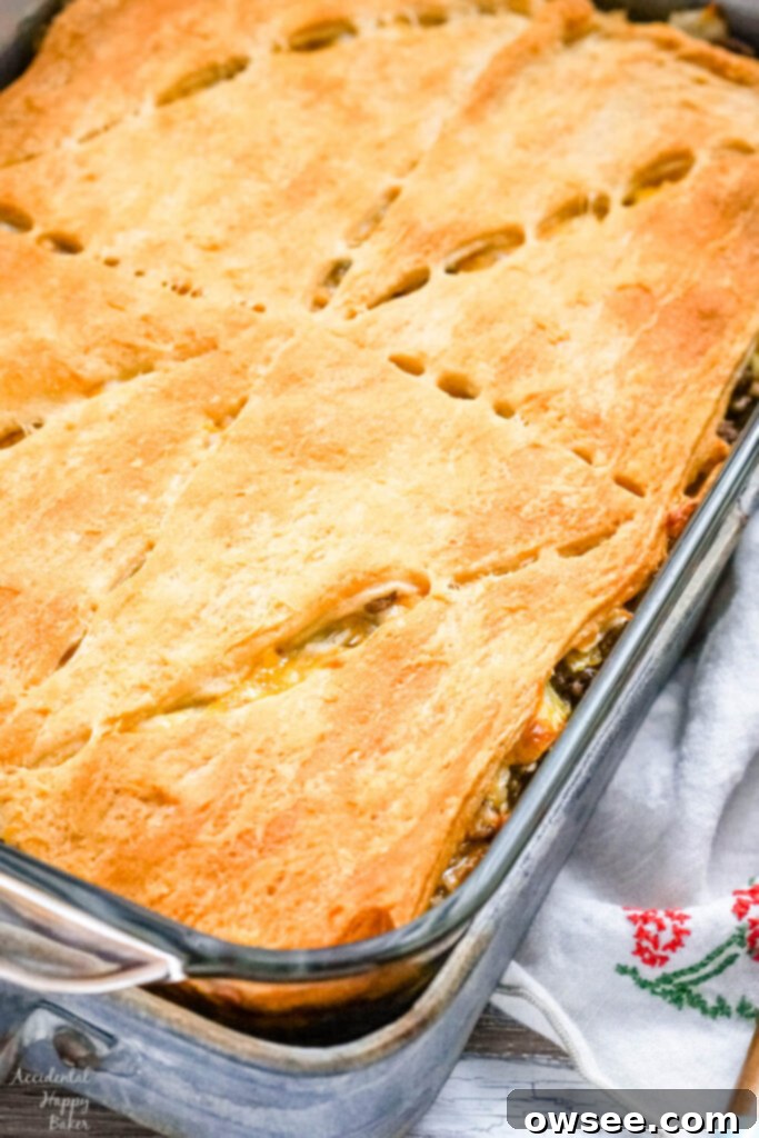 Hearty Runza Casserole 8 A freshly baked Runza casserole in a metal serving tray.