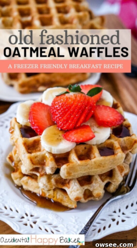 Homestyle Oatmeal Waffles 10 A beautifully styled flat lay of old-fashioned oatmeal waffles, some stacked, some with toppings like fresh berries and powdered sugar, emphasizing their inviting texture and deliciousness.