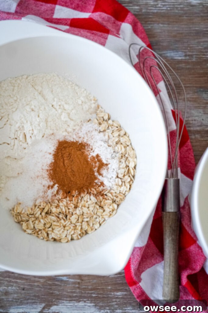 Homestyle Oatmeal Waffles 4 Mixing dry ingredients in a bowl for oatmeal waffles.