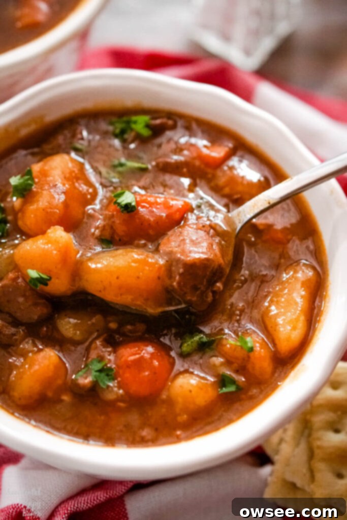 Creamy Instant Pot Ranch Potatoes 3 A white bowl full of instant pot beef stew.