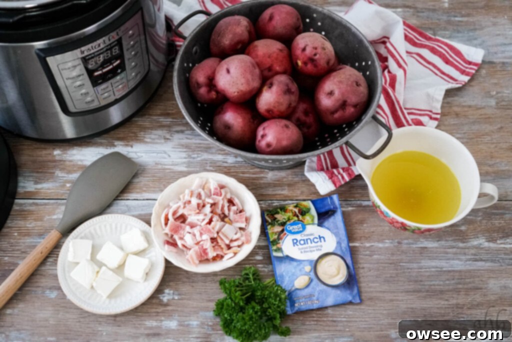 Creamy Instant Pot Ranch Potatoes 4 The ingredients needed to make instant pot ranch potatoes sitting next to the instant pot.